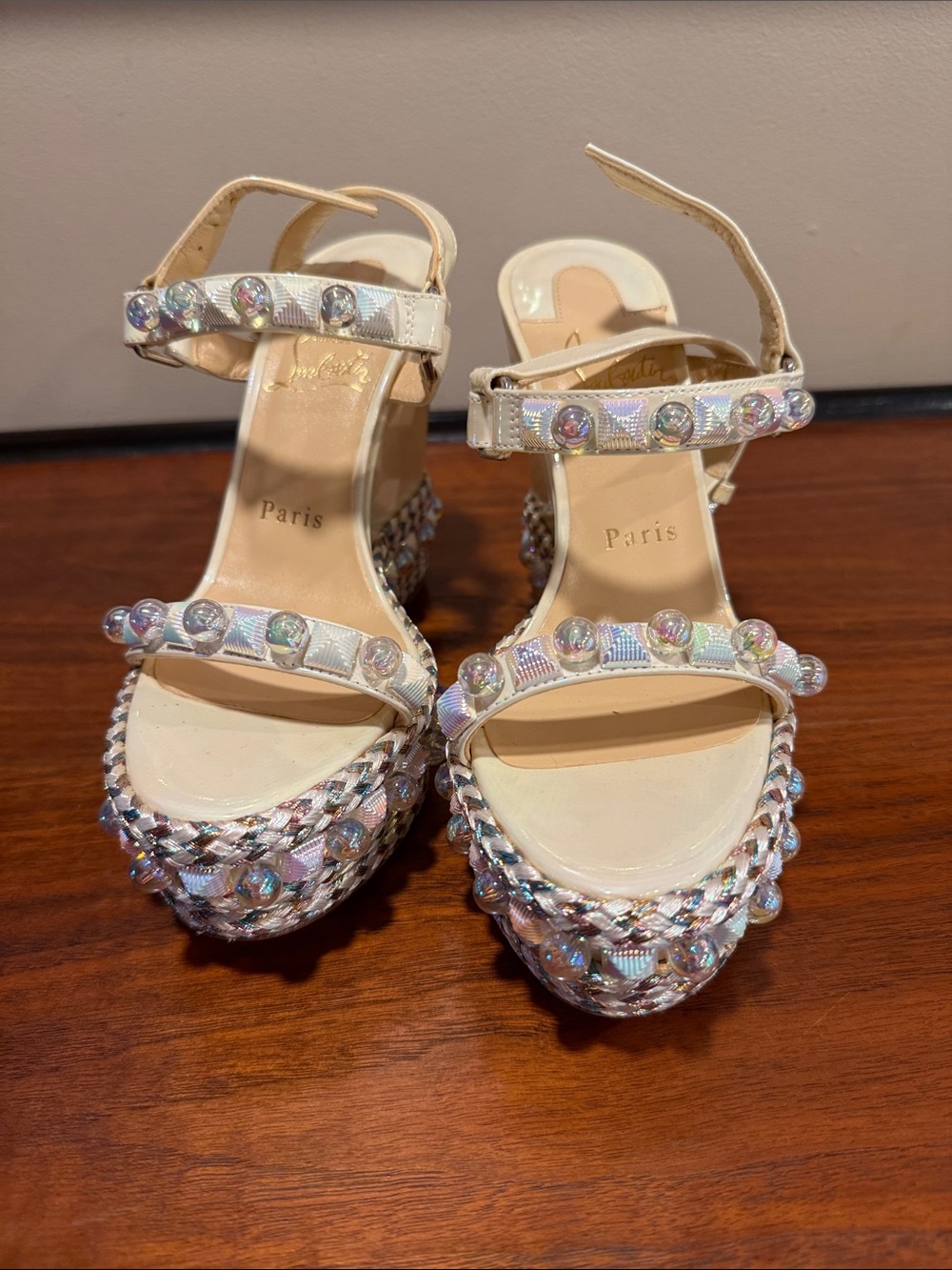 Christian Louboutin Iridescent Beaded Ivory Platform Sandals - 37